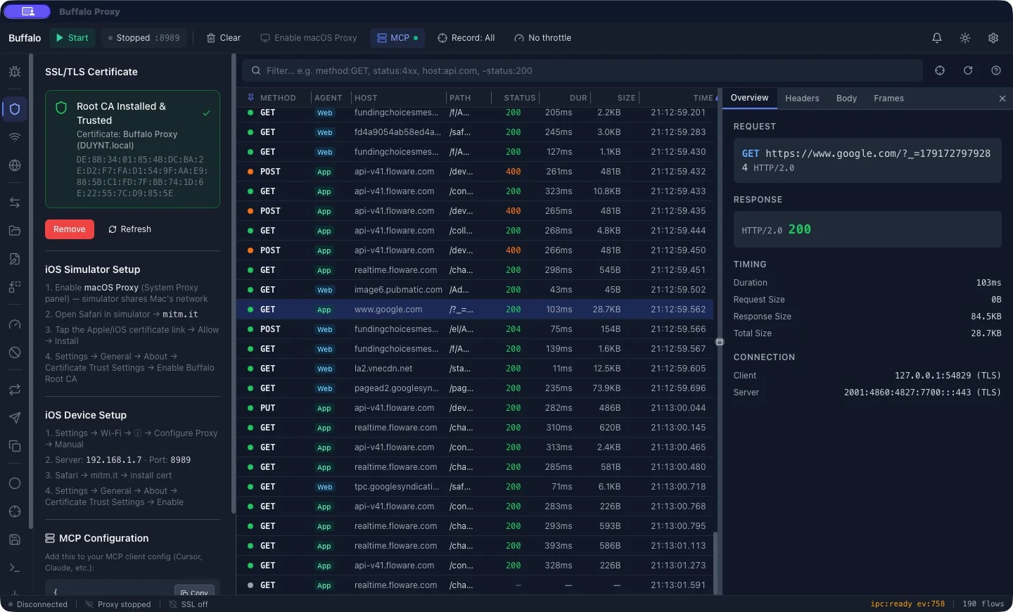 Buffalo Proxy showing captured HTTP/HTTPS requests, response statuses and timing details for a selected request