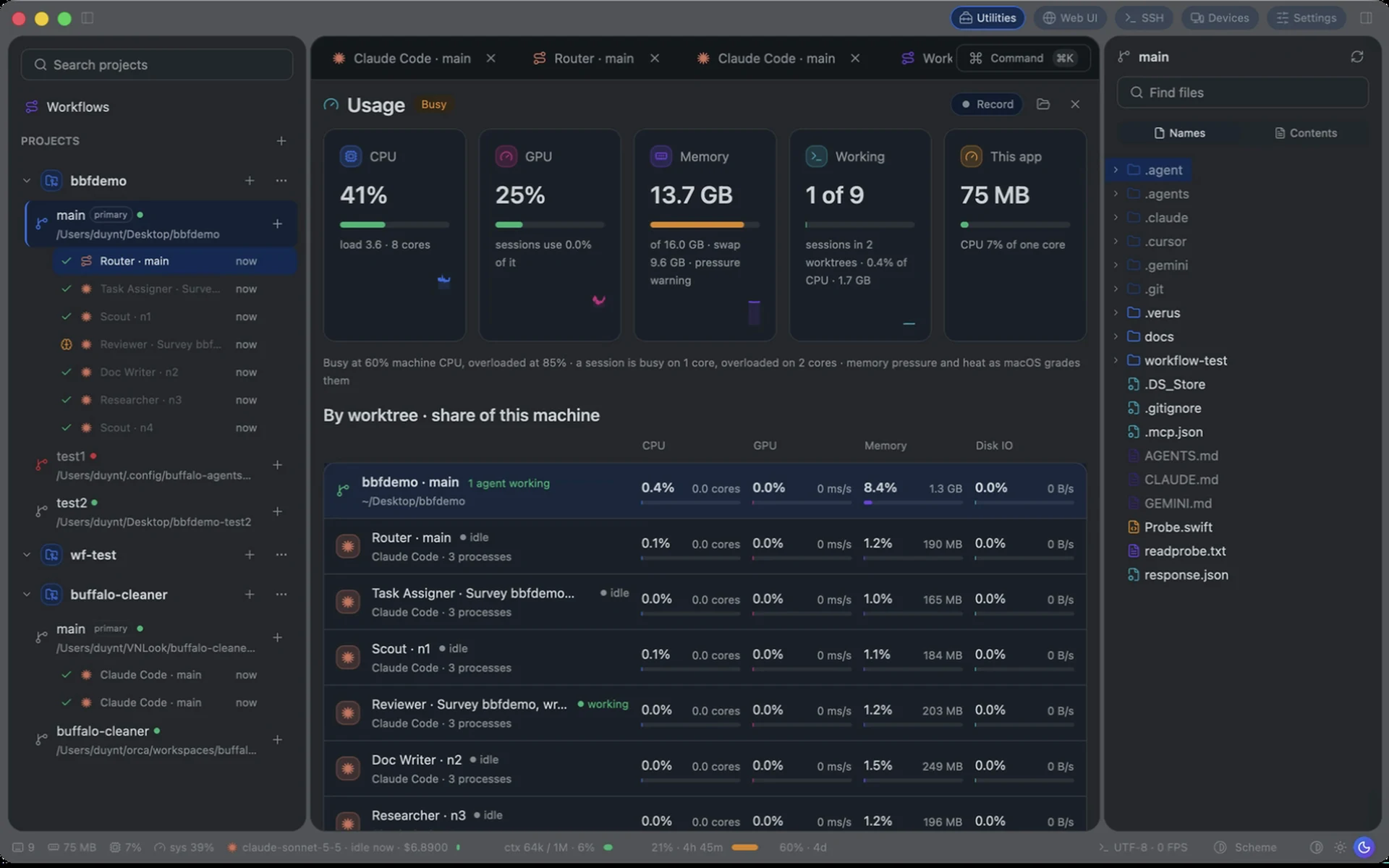 Buffalo Agents Usage panel showing CPU, GPU, memory and resource usage by worktree and agent session