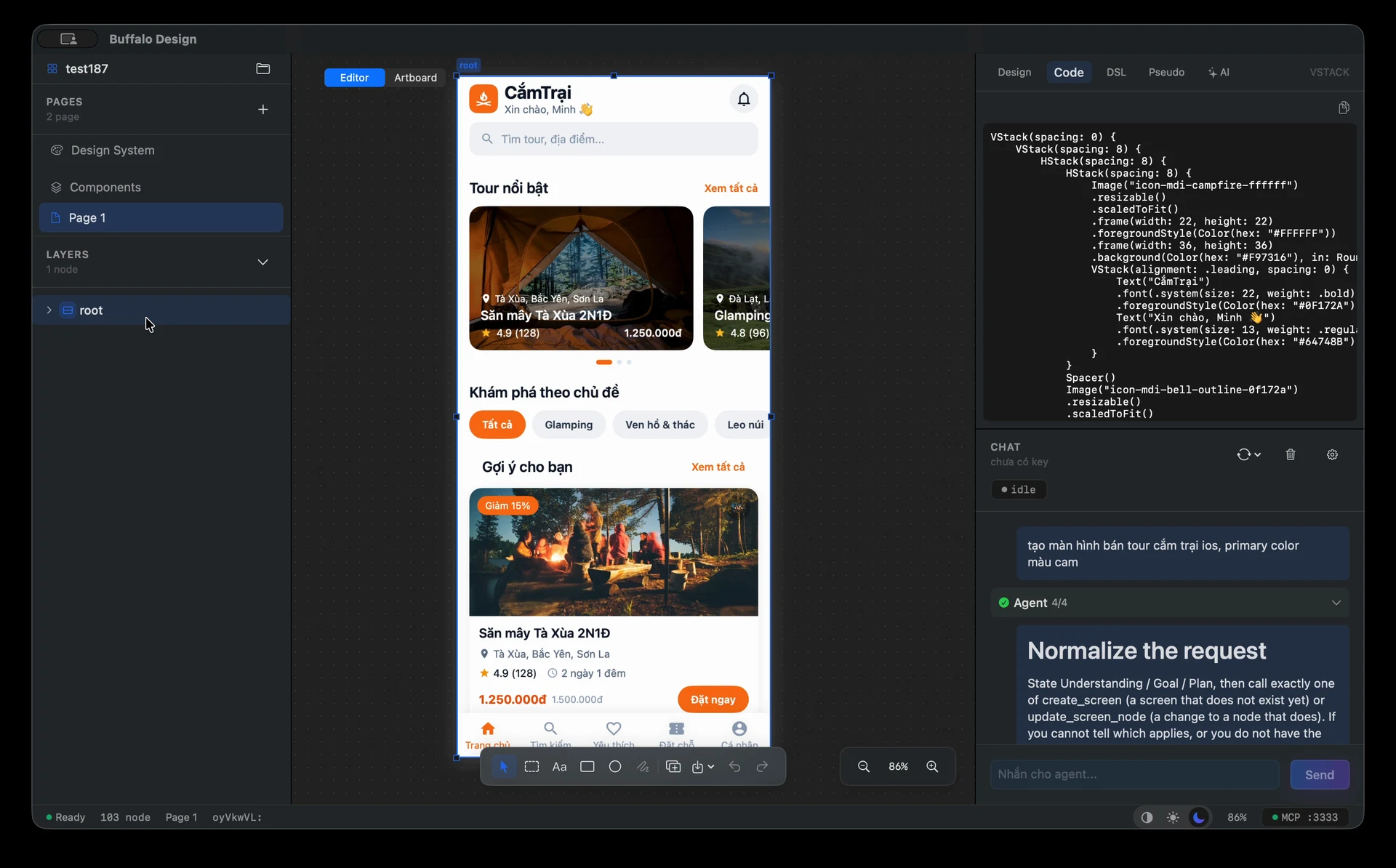 Buffalo Design with a travel app canvas, layer tree and code panel on the right